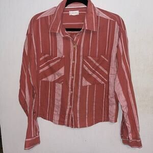 Sandy & Sid Womens L Orange White Stripe Cotton Button Down Shirt Boxy Pocket